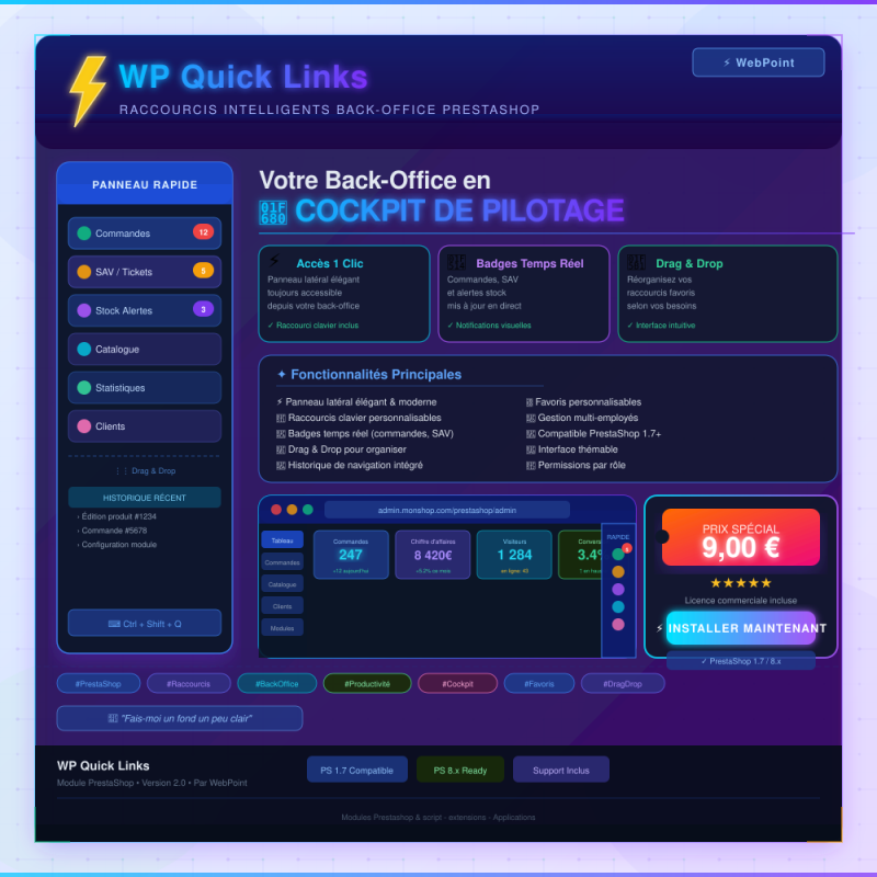 WP Quick Links ⚡ Raccourcis Intelligents Back-Office PrestaShop