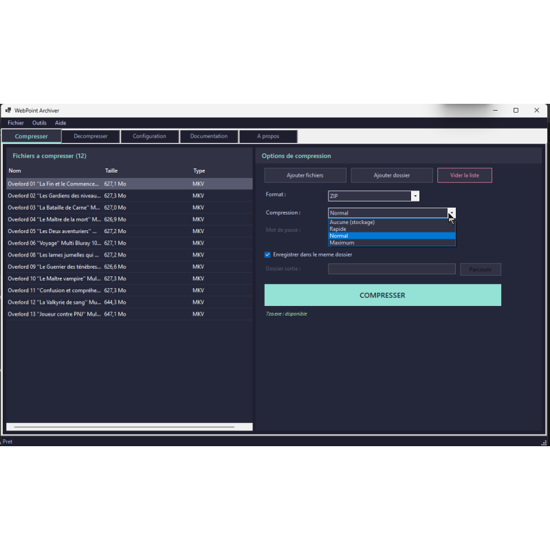 interface utilisateur, logiciel, compression, sélection d'options