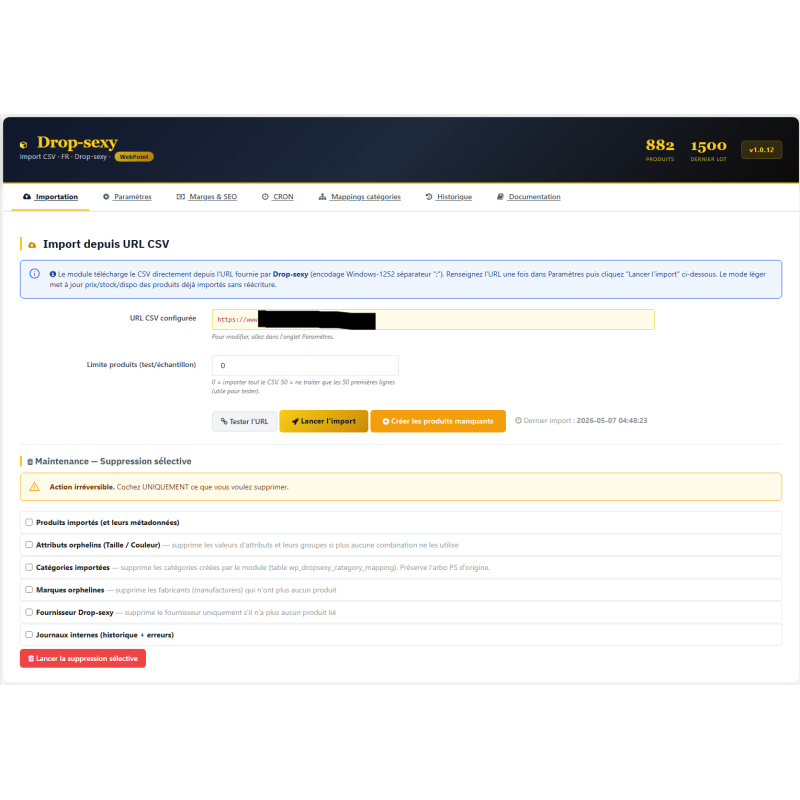 interface do usuário, importação de produtos, CSV, configuração
