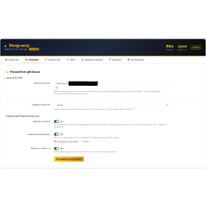 paramètres, e-commerce, interface, configuration, fichier CSV
