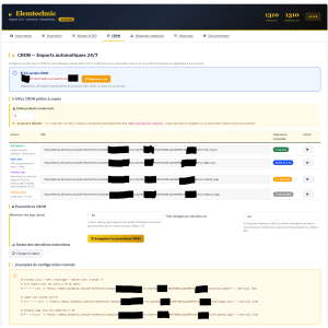 page d'import CSV, paramètres de configuration, interface web